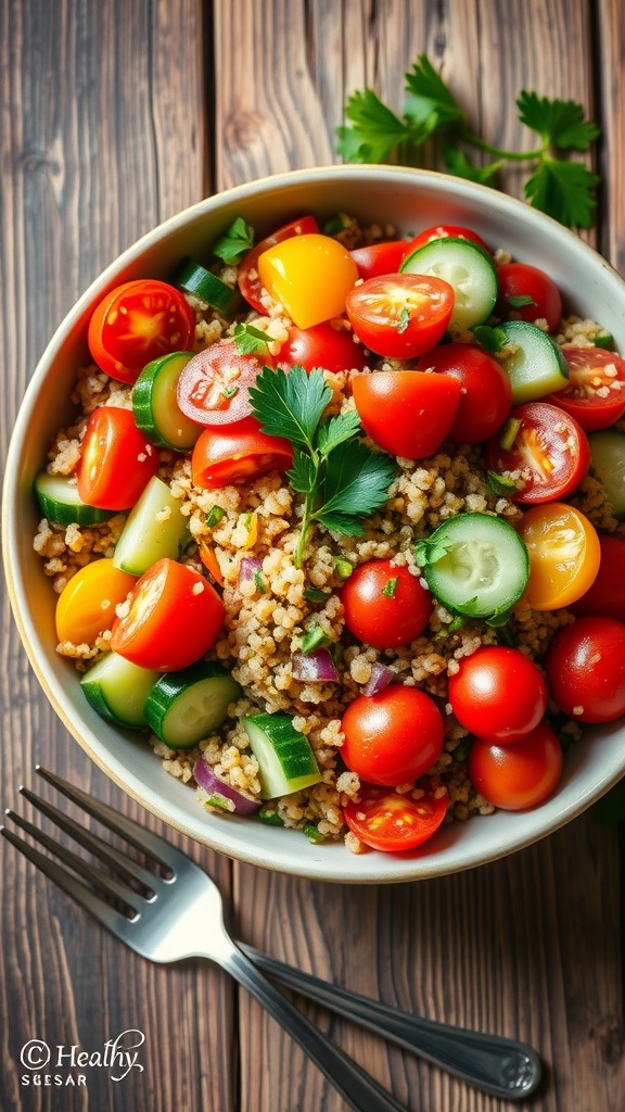 A vibrant quinoa salad with cherry tomatoes, cucumbers, bell peppers, and parsley on a rustic table.